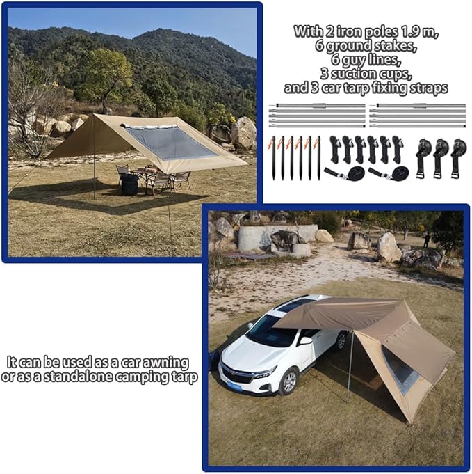 10x16 ft Car Side Awning with Pole Camping Tarp with Screen Window Car Tent for Cars Vans SUV Sun Shelter (Khaki)