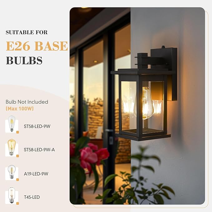 Emliviar 2 Pack Dusk to Dawn Outside Wall Mount Lighting 11.8 inch Exterior Light Fixture with Clear Glass Black Finish 1803EW1-PC-2PK BK