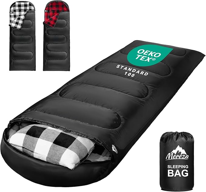 MEREZA Flannel Sleeping Bag for Adults Mens with Pillow XL Cold Weather Sleeping Bag for 30 Degree 4 Season Camping Large Big and Tall Sleeping Bags with Compression Sack