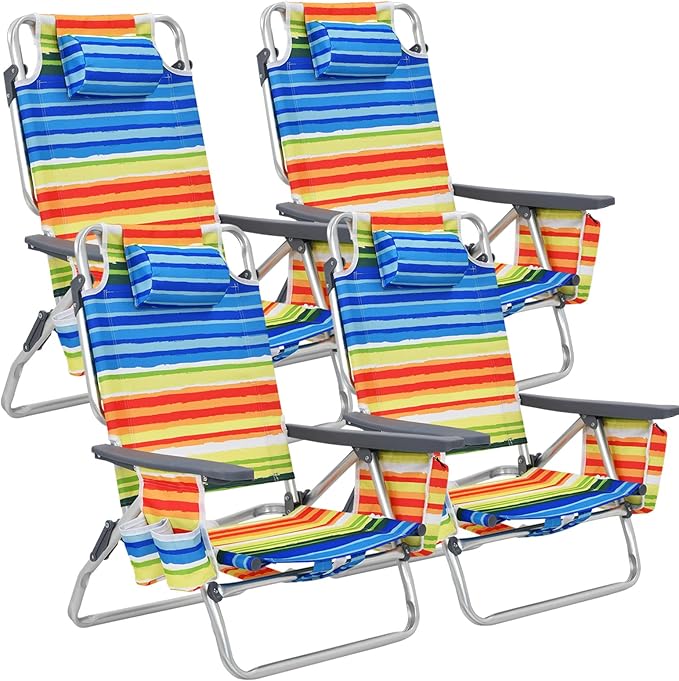 Goplus Beach Chair Folding Backpack Beach Chairs for Adults with 5 Positions Head Pillow Cooler Bag Towel Bar Cup Holders Sunbath Sling Tanning Lounge Foldable Layout Camping Chairs