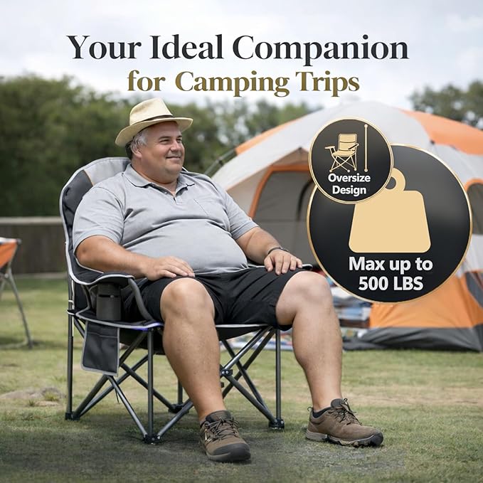 Simple Deluxe Oversized Outdoor Foldable Camping Chair with Cup Holder and Carrying Bag Camping Chair with 500lbs Capacity and Sturdy Material Suitable for Beaches Hiking and Camping Black