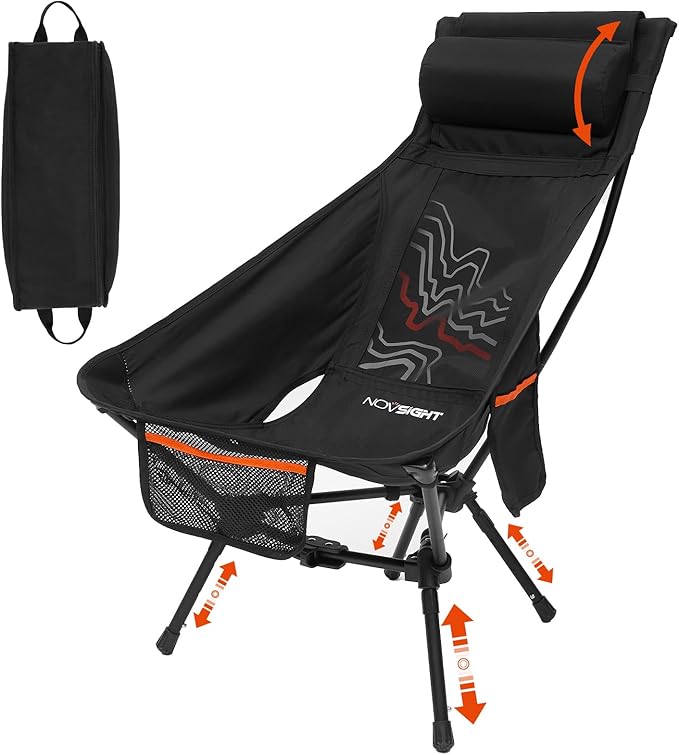 NOVSIGHT Camping Chairs - High Back Camping Chair with Adjustable Headrest and Feet Lightweight Aluminum Frame Breathable Mesh Folding Portable Camp Chair for Outdoor Hiking Beach Picnic