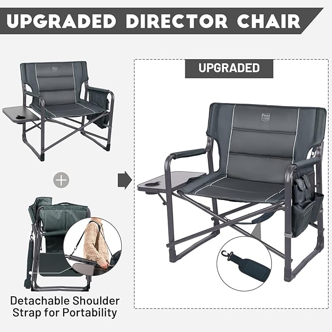 Timber Ridge XXL Upgraded Oversized Directors Chairs with Foldable Side Table Detachable Side Pocket Heavy Duty Folding Camping Chair up to 600 Lbs Weight Capacity (Gray) Ideal Gift