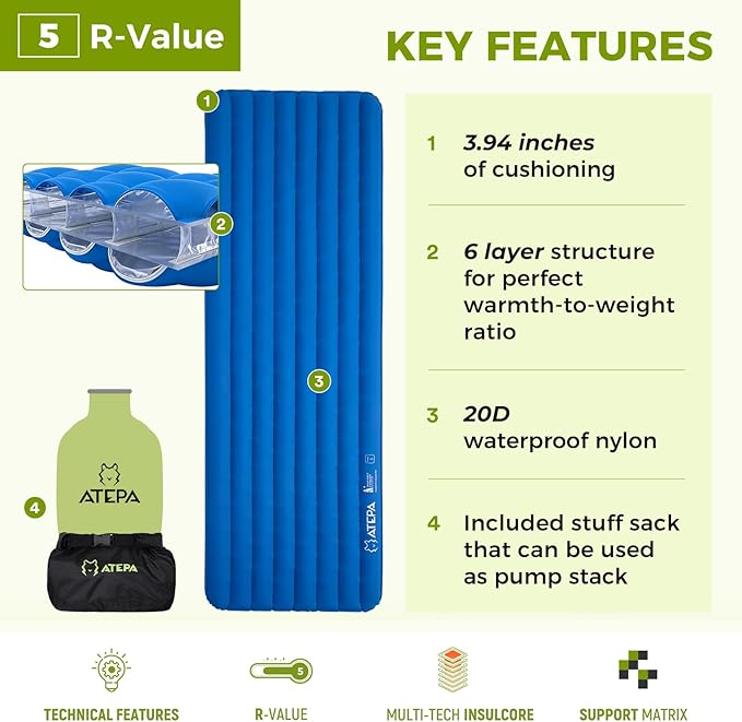 ATEPA ThermAir Pro Backpacking Inflatable Sleeping Pad 5 R-Value Insulated Ultralight Portable Sleeping Pad Thick Camping Mat with Stuff Sack for Camping Backpacking Tent Wide Long Size 77.5x25.6