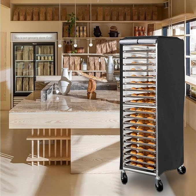 420D Waterproof and Dustproof Bun Rack Cover with PVC Window for 59x72x163cm Commercial Bakery Pan Rack Black Polyester Fabric Outdoor Protection