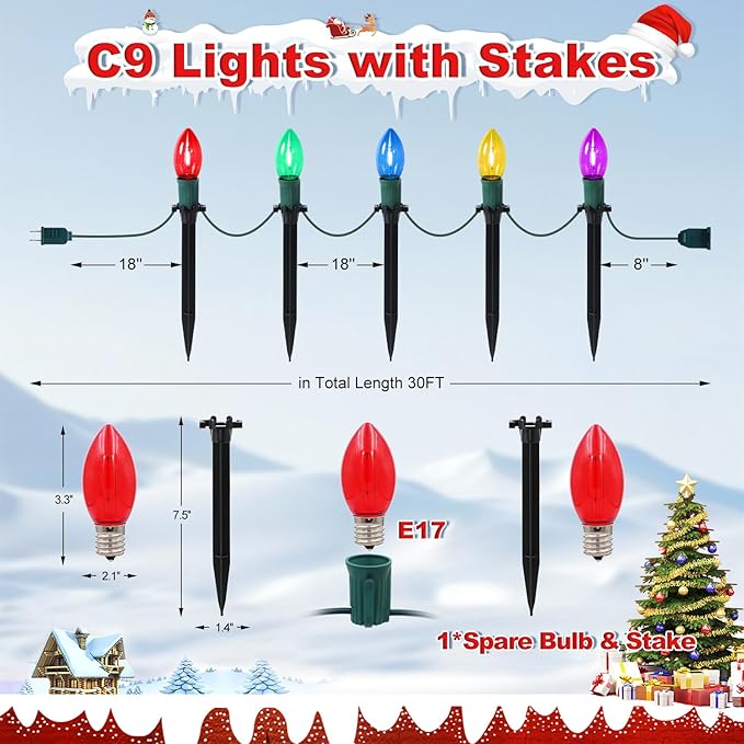 USOKYO 30Ft C9 Led Christmas Pathway Lights Outdoor 20 Multicolor Bulbs Waterproof Connectable Christmas Walkway Lights with Stakes for Yard Lawn Sidewalk Driveway Decorations