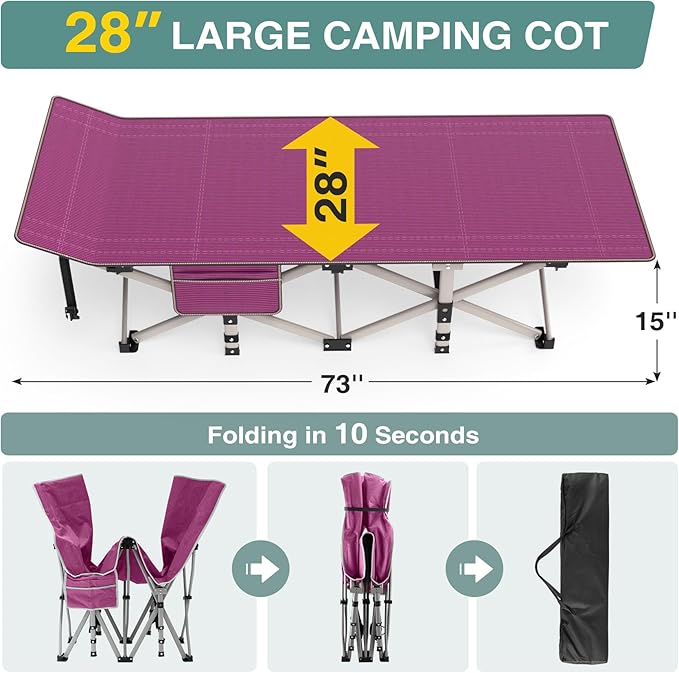 ZENPETIO 28In Folding Camping Cot for Adult Portable Sleeping Cots with Mattress Heavy Duty Outdoor Bed with Carry Bag for Home Office Camp Travel Vacation(Max Loading 500lbs)