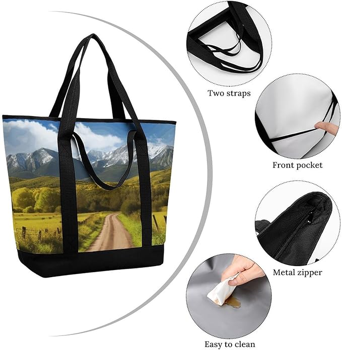 Insulated Shopping BagLarge Reusable Cooler Bags Countryside Road Printed Foldable Shopping BagTravel Waterproof Shoulder Bag