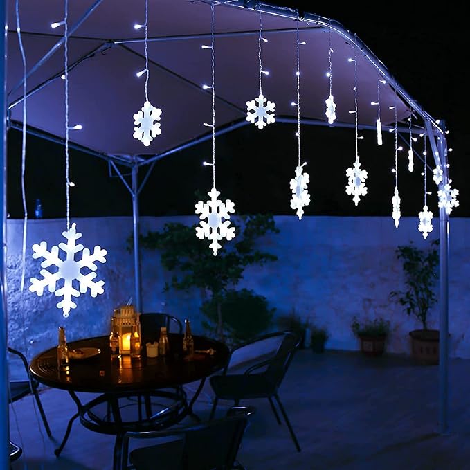 Christmas Snowflake Lights 10.66ft 168 LED Icicle Lights Outdoor with 14 Drops 8 Modes Waterproof Connectable Christmas Light for Eaves Wedding Garden Yard Indoor Outdoor Xmas Decorations (White)