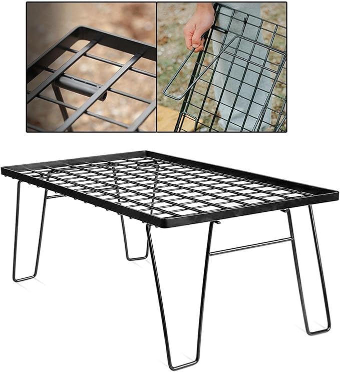 Outdoor Folding Table with Charcoal Grill Plate Portable Desk and Multifunctional Camping Grill Rack Ideal Furniture for BBQ Beach and Garden