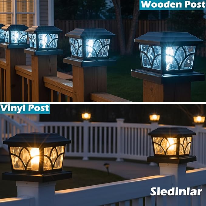 SIEDiNLAR Solar Post Cap Lights Outdoor 4 Modes 40 LEDs Aluminum Glass Fence Post Light for 4x4 5x5 6x6 Vinyl Wooden Posts Patio Deck Decor Warm White &amp Cool White Dynamic Lighting Black (4 Pack)