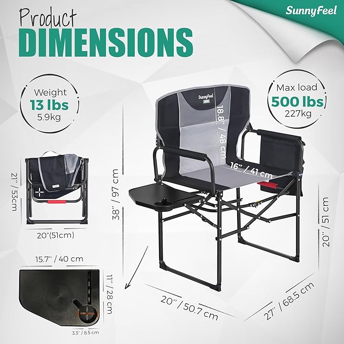 SUNNYFEEL Oversized Camping Directors Chair 500 LBS Heavy Duty Portable Folding Chair with Side Table Pocket for Beach FishingTripPicnicLawnConcert Outdoor Foldable Camp Chairs