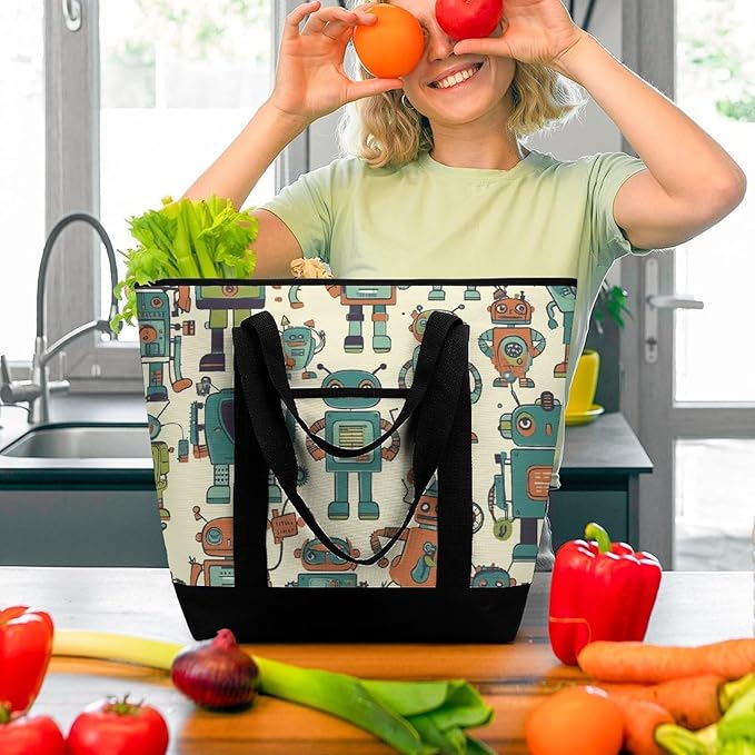 Insulated Shopping BagLarge Reusable Cooler Bags Cute Cartoon Robots Printed Foldable Shopping BagTravel Waterproof Shoulder Bag