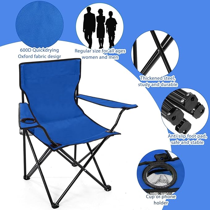 4 Pcs Folding Camping Chairs with Cupholder and Carry Bag Regular Size Portable Lightweight Lawn Chair with Mesh Side Pocket for Fishing Hiking Picnic Beach Outdoor Party (Elegant)