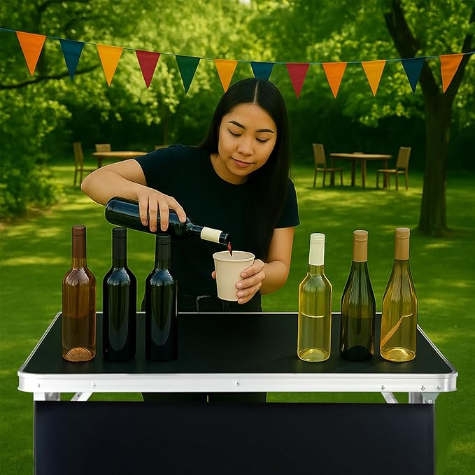 Folding Mobile Bar Table Tradeshow Podium Table with Carrying Bag Storage Shelf and Black Skirt Portable Bar Tables for Events Indoor Outdoor Party Picnic Camping 111 lbs Capacity (Black)