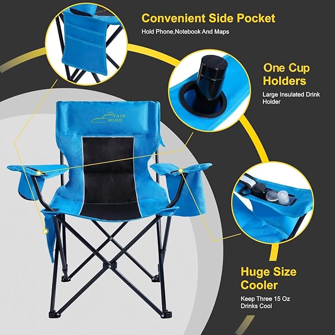FAIR WIND Oversized Padded Camping Chair with Footrest Stool Heavy Duty Cooler Bag Chair for Fishing Tailgating Sports Games Backyard - Support 300 LBS Blue