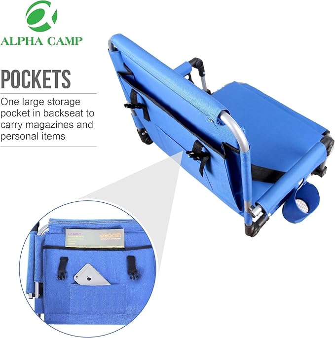ALPHA CAMP Stadium Seat Padded Chair for Bleachers with Back&amp Arm Rest Blue2PC