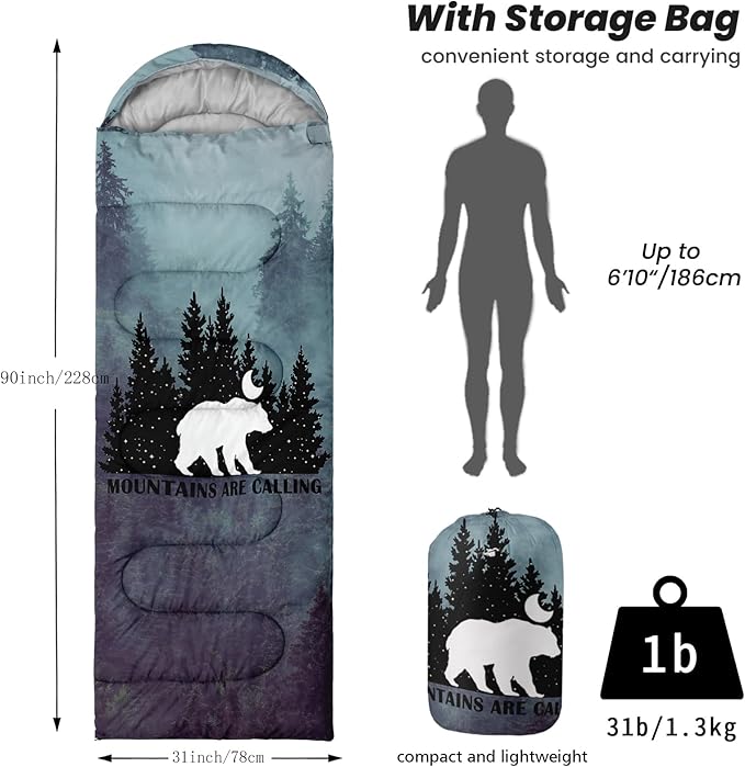 Sleeping Bags for Adults Youth Kids3D Printing Camping Sleeping Bag for Girls Boys Lightweight Waterproof Cold/Warm Weather Sleeping Bag for 3 Seasons