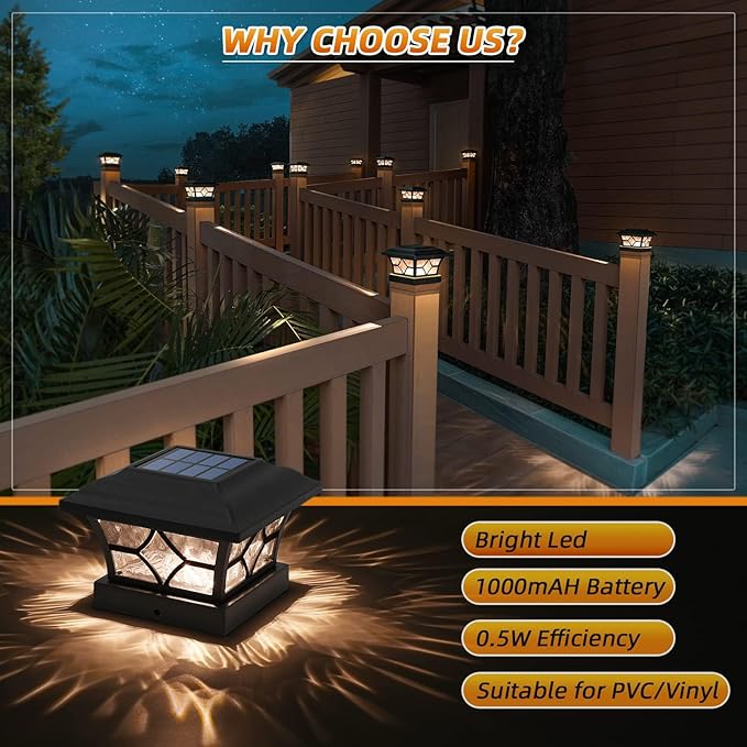 APONUO 4x4 Solar Post Cap Lights 16 Pack - 6x6 Post Cap Solar Light 2-Mode IP64 Waterproof Post Lights Solar Powered for 4x4 5x5 6x6 Wood/Vinyl Posts Black