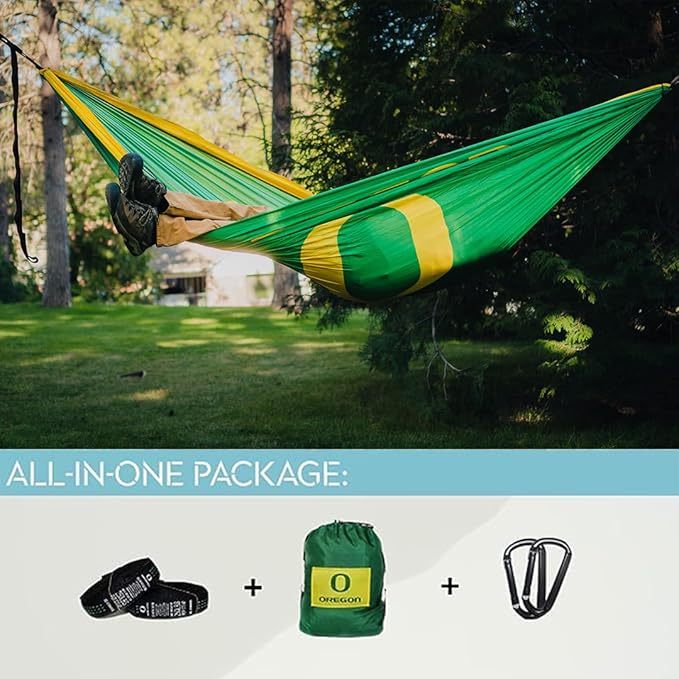 Rincon Official (University of Oregon) College Hammock - Premium 210T Nylon Spacious 112 x 74 inches (LxW) Double &amp Single Camping Hammock - Portable Outdoor Adventure Gear for Students and Alumn