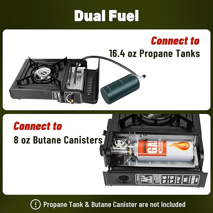 7800 BTU Dual Fuel Camp Stove Butane or Propane Portable Stove for Camping Lightweight Portable Camping Stove Propane Adapter Hose and Carrying Case Included