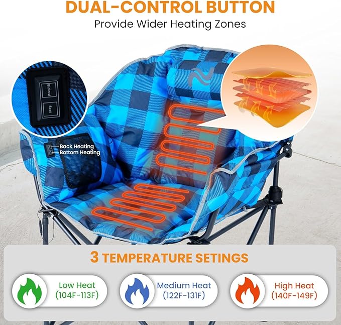 ABORON Oversized Outdoor Camping Chair with 3-Level Heating Portable Heated Folding ChairsBlue Plaid