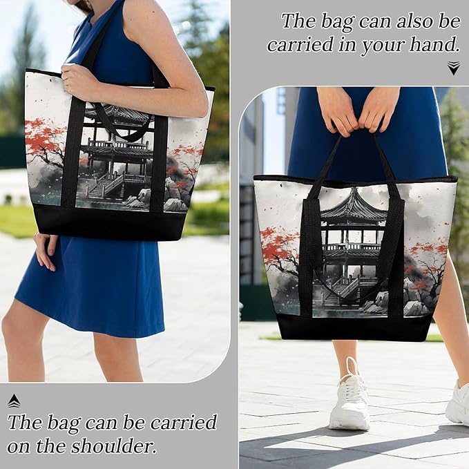 Insulated Shopping BagLarge Reusable Cooler Bags Chinese Ink Painting Printed Foldable Shopping BagTravel Waterproof Shoulder Bag