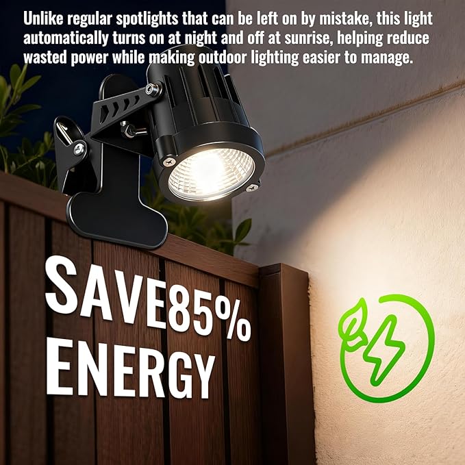 TAYSING Dusk to Dawn Outdoor Landscape Spot Lights with Clip 9W 800LM Plug in Spotlight 3000K Warm White IP66 Waterproof with 5FT Cord for Garden Tree Flag Pathway Patio 2 Pack