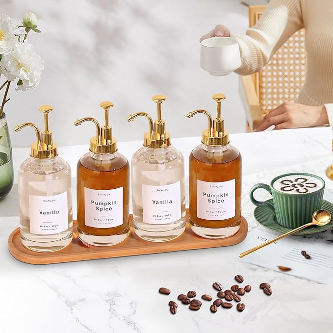 Coffee Syrup Dispenser for Coffee Bar 16.9oz 500ml Glass Syrup Dispenser w Golden Coffee Scoop Coffee Syrup Pump Dispenser w 36 Labels and Bamboo Tray Coffee Syrup Bottles with Golden Pump 4PCS