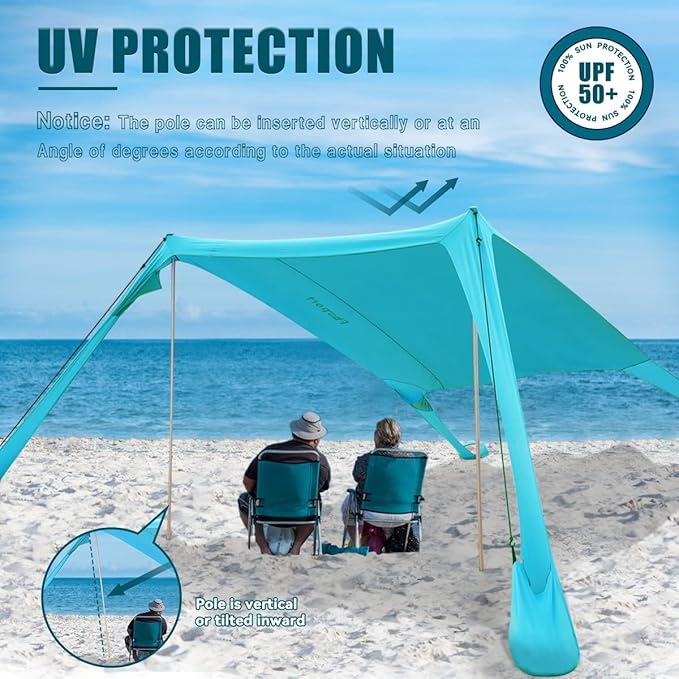 FBSPORT Beach Tent Sun Shelter Portable Beach Shade Canopy UPF50+ with Sandbags for Outdoor Family Camping Fishing Backyard Fun Picnic 7 x 7ft