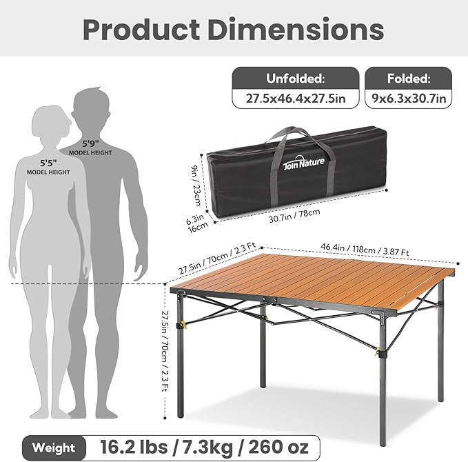 46.4 Large Folding Camping Table for 2-6 People - Heavy Duty Camp Table Foldable with Aluminum Roll-Up Top &amp Carry Bag - 220lbs Capacity Portable for BBQ Tailgating Backyard (Natural)