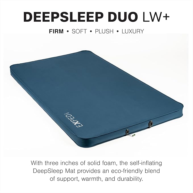 Exped DeepSleep Mat Duo Long Wide Plus - Self Inflating Firm Car Sleeping Mat 3” Foam Pad Pump Included