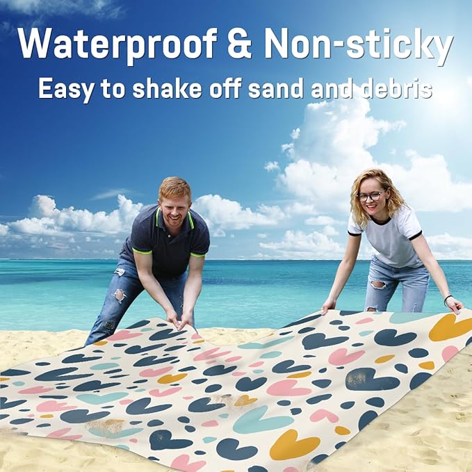 Waterproof Sandproof Beach Blanket 59''×68'' Funny Shape Heart Polyester Outdoor Picnic Blanket with 4 Stakes &amp Storage Bag for BeachCampingVacation