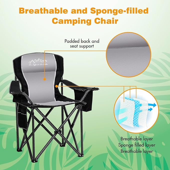 2PCS Folding Camping Chair Portable Outdoor Heavy Duty Padded Chairs Lawn Chair with Cup Holder Storage Pocket and Cooler Bag Supports 480LBS Black