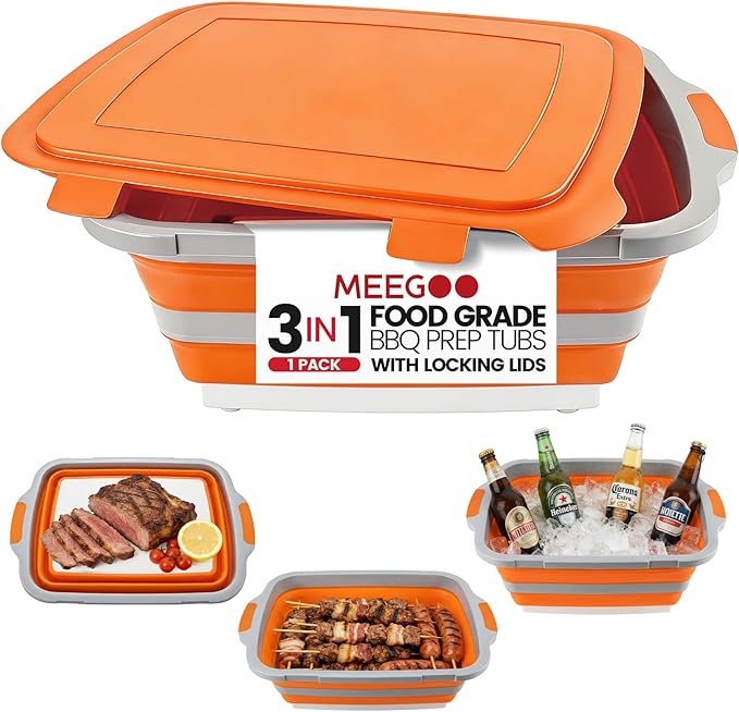 BBQ Prep Tub 3-IN-1 Large 30L Collapsible Cutting Board with Locking Lid for Meal Prep Marinating Food Camping Sink with Colander Dish Basin Storage Blanket for Camping Picnic BBQ Orange