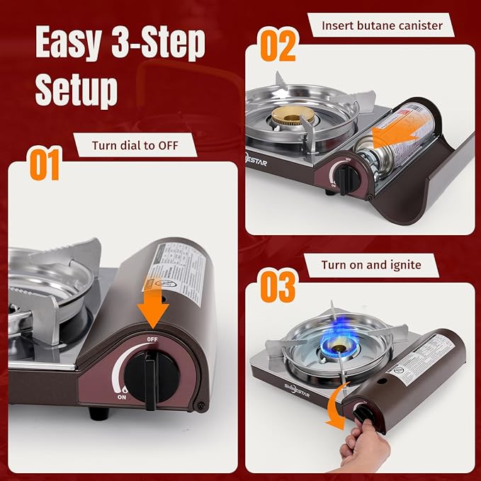SHINESTAR 14000 BTU Butane Camping Stove Double Wind-Guard Portable Butane Stove for Camping Hiking Emergencies Tailgating Essentials Carrying Case Included Brown