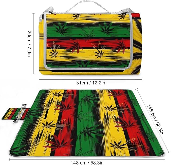 Marijuana Leaves Rasta Lion Cannabis Waterproof Outdoor Picnic Blanket Sandproof Beach Mat for Camping Hiking Grass Travelling