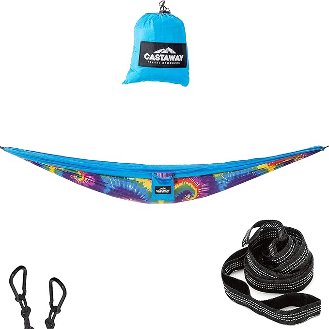 Castaway Travel Hammocks Double Tie Dye Camping Hammock with 2 Tree Straps Triple Stitched Durable Nylon Material Compact Design for Backpacking Travel Beach Backyard Patio Hiking
