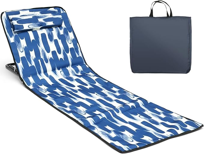 Portable Beach Mat Lounge Chair and Tote Recliner Beach Mat Oxford Cloth Sun Chair Adjustable Tilt Angle Folding Tanning Waterproof with Pocket for Holidays Garden Camping Park