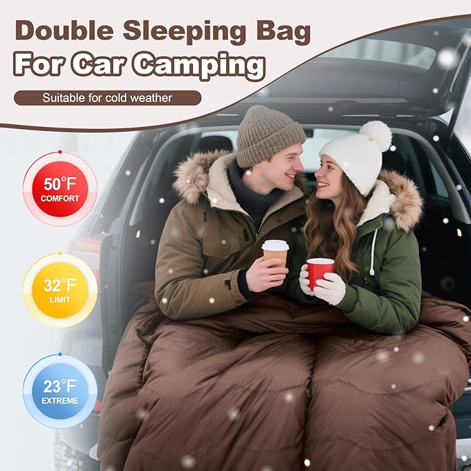 0 Degree Flannel Double Sleeping Bag for Adults Couples or Family - Winter Queen Size Waterproof &amp Warm 2-Person Sleeping Bag for Cold Weather Camping RV Travel
