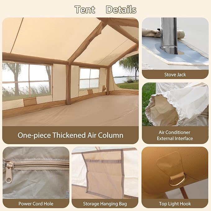 Oxford Inflatable Tent for Camping with Hand Pump 4 Season Glamping Tents with Stove Jack for 8-12 Person Waterproof Outdoor Party Camping Festival