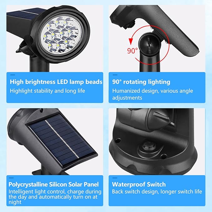 Solar Lights Outdoor Waterproof IP683 Lighting ModesSolar Spot Lights OutdoorDark Sensing Auto On/Off Solar Powered Garden Yard Spot Solar Lights for Outside Landscape (Warm White 6 Pack)