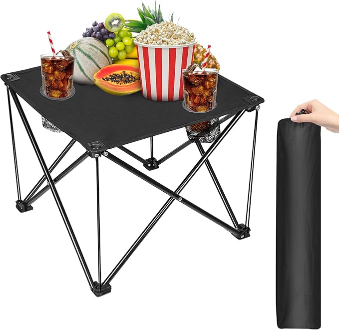 Portable Camping Table Ultralight Picnic Table Foldable with 2 Cup Holders and Carrying Bag for Outdoor Camping Picnic BBQ Beach Party Patio Fishing Steel Frame High-Grade 600D Oxford Fabric