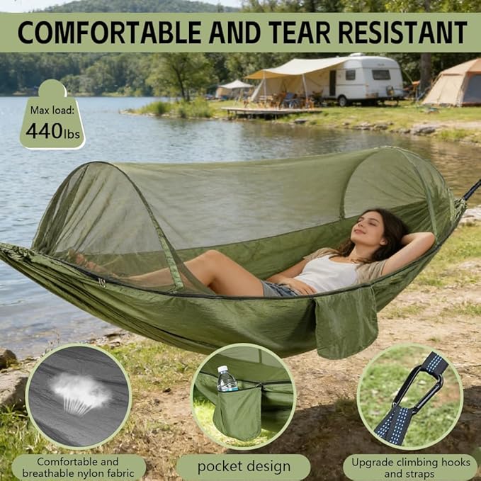 Camping Hammock with Mosquito Net - Double &amp Single Portable Hammocks with 2 Tree Straps Lightweight Hammock Tent for Outdoor Camping Hiking Backpacking Beach &amp Backyard (Army Green)