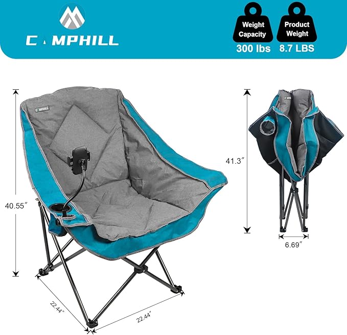 CAMPHILL Folding Camping ChairOversized Portable Camping Chair with Cup Holder and Phone HolderHeavy Duty Padded Lawn Chair for CampingTailgatesBeachand SportsLake Blue