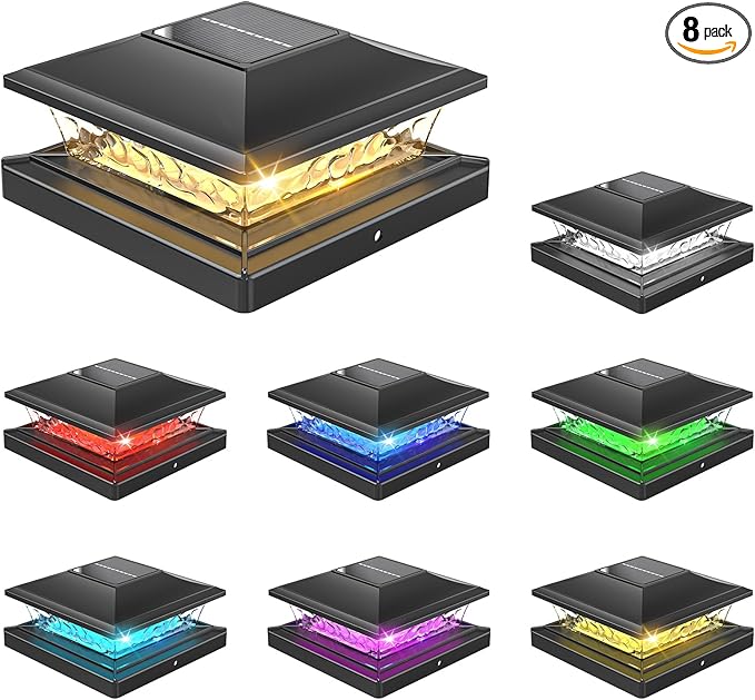 APONUO Solar Post Cap Lights with 8 RGB Solid Colors &amp Multicolor Flow - 8 Pack 6x6 Post Cap Solar Light IP65 Waterproof - Fits 4x4 5x5 6x6 Wood &amp Vinyl Posts - Black