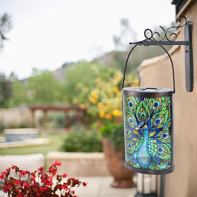 Afirst Solar Lantern Outdoor Hanging Glass Peacock Solar Lights Waterproof Led Lamp for Garden Yard Tree Desk Decor