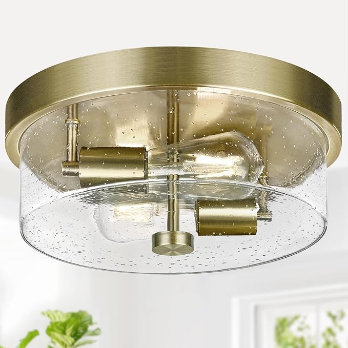 Flush Mount Ceiling Light Fixtures 2-Light Brass Ceiling Mount for Farmhouse with Seeded Glass Lampshade Industrial Hall Flush Mount Light Fixture for Hallway Kitchen Entryway Bedroom and Foyer