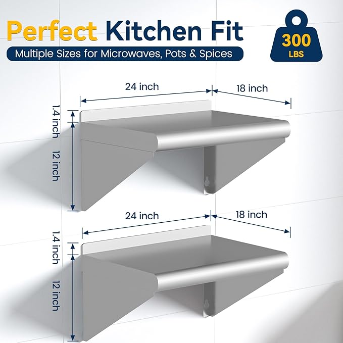 Stainless Steel Shelf 18 x 24 2 Pack NSF Wall Mounted Commercial Metal Shelving with Backsplash for Restaurant Utility Room Kitchen and Garage
