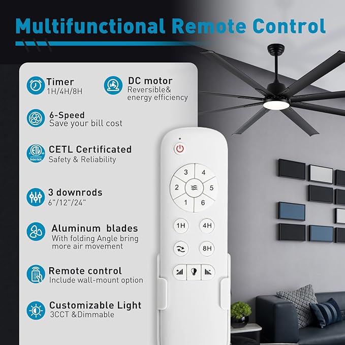 84 lnch lndustrial Celing Fan with Light and Remote ControlLarge Celing Fan with 8 Black Aluminum Blades6 Speed Noiseless DC MotorWet Rated Indoor Outdoor Ceiling Fans for Patioexterior.